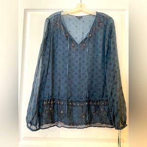 Massimo Dutti Sheer Navy Blouse. Size 44/34 . Adjustable tie waist and neckline.